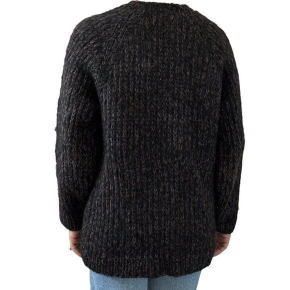 Vintage Womens Hand Knit Black Brown Marled 100% Wool Ribbed Chunky Cardigan - Picture 4 of 7